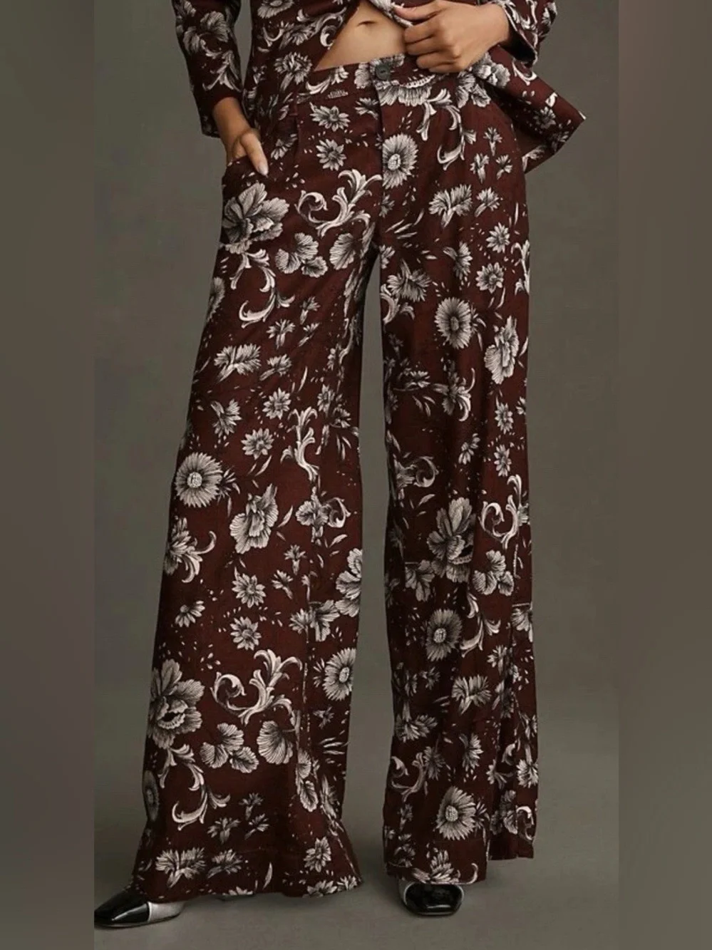 Anthropologie Low Rise Wide-Leg Floral Linen Blend Trouser Pants